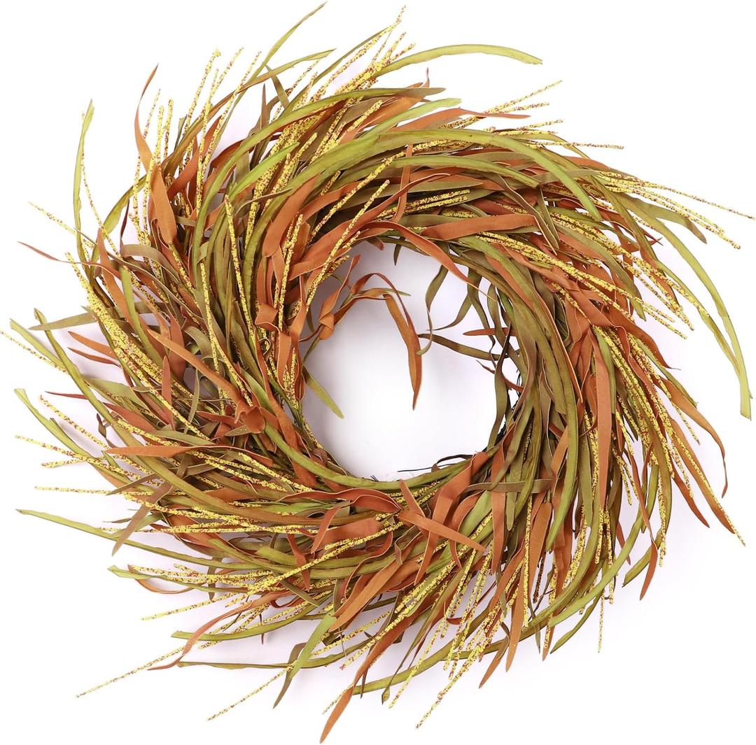 24 Inch Fall Wreath for Front Door Harvest Wreaths with Wheat Leaves and Wheat Ear, Large Autumn Wreath Decor for Farmhouse Wall Window Home Decoration and Halloween Christmas Thanksgiving Celebration