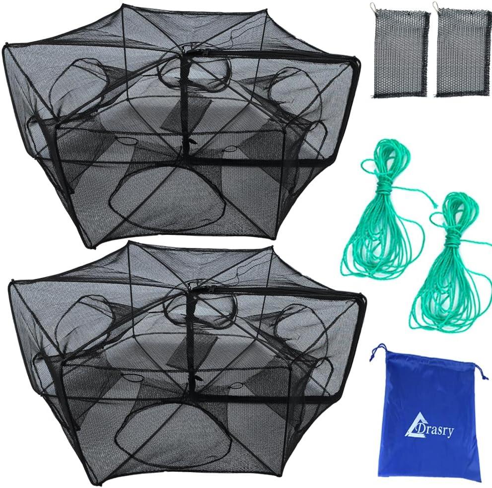 Drasry Black Fishing Bait Trap Foldable Fish Net for Minnow Crab Crayfish Crawdad Shrimp Trap Cast Net Dip Cage Collapsible Easy Use 4 6 Hole Fishing Accessories