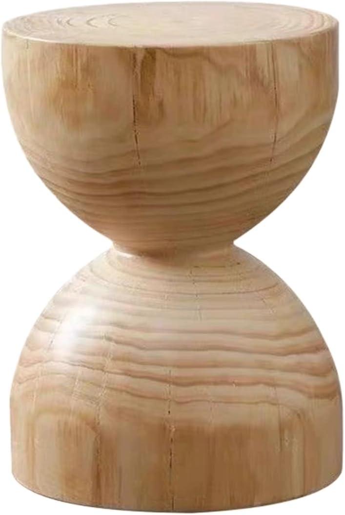 Hourglass Shape Wooden Side Table, Hand Carved Rustic Stump End Table, Natural Round Coffee Table, Indoor Outdoor Wood Stump Stool(Color:Log Color)