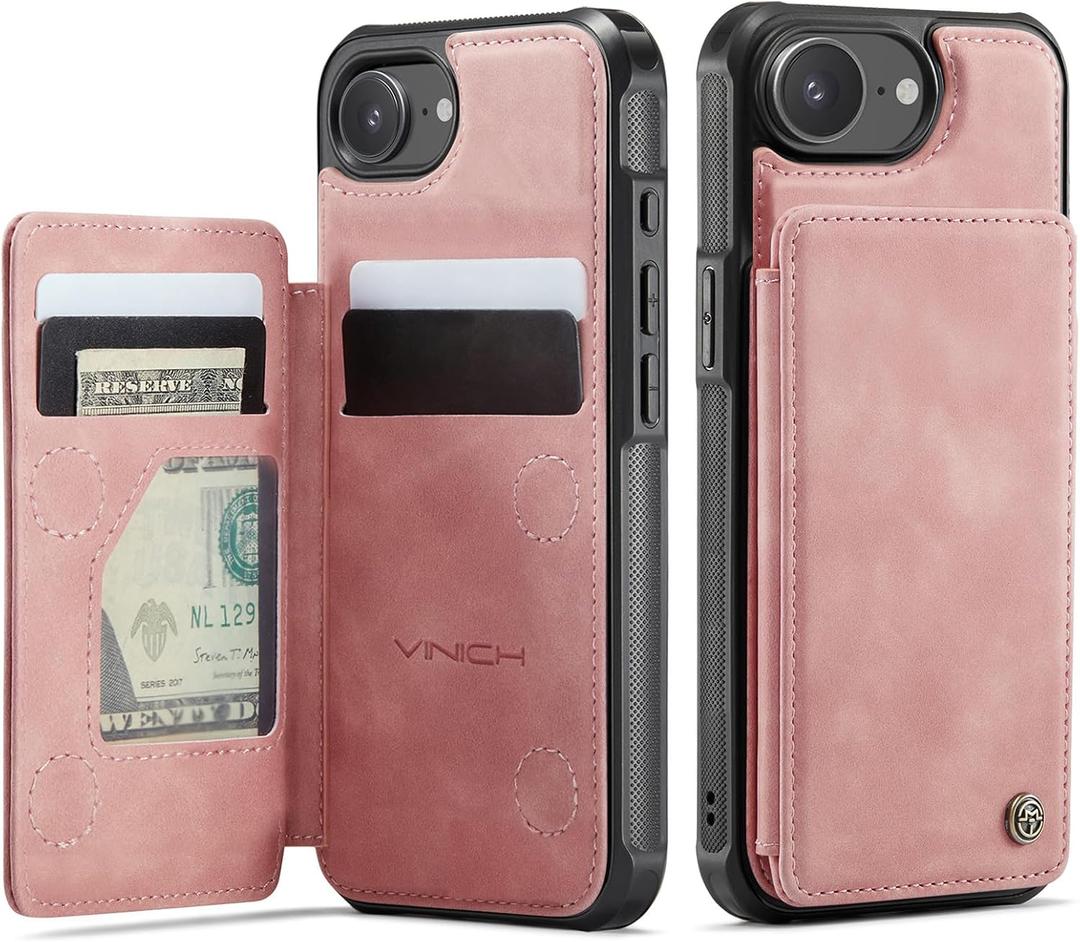 Vinich for iPhone 17e / 16e Wallet Case with Card Holder, RFID Blocking Credit Slots Kickstand Shockproof Phone Cover Fit for iPhone 16e & 17e 6.1" Rose Pink