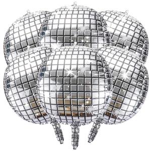 6 Pcs Silver Disco Balloons - 22 Inch 4D Round Disco Ball Balloon, Metallic Mylar Balloons with Straw and Tie for 70s 80s 90s Themed Disco Party Decorations Bachelorette Party Supplies