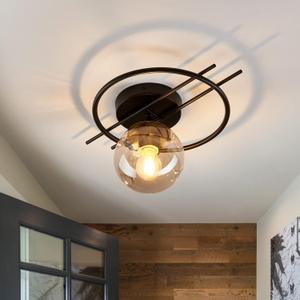 Matte black & gold finish Semi Flush Mount Ceiling Light Fixture Mid Century Modern Chandelier with Glass Globe Small Indoor Lighting for Kitchen Hallway Bathroom Bedroom Closet Farmhouse Proch.