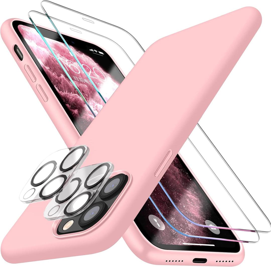 Dssairo [5 in 1 for iPhone 11 Pro Case 5.8, with 2 Pack Screen Protector + 2 Pack Camera Lens Protector, Liquid Silicone Ultra Slim Shockproof Protective Phone Case [Microfiber Lining] (Pink)