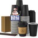 JOLLY CHEF 100 Pack 12 oz Coffee Cups with Lids, Sleeves and Stirrers, Disposable Black Hot Paper Coffee Cups for all Kinds of Beverages
