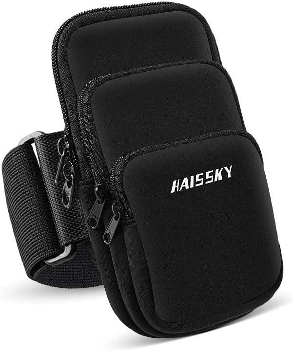 3 Pockets Running Phone Armband Holder for iPhone 16 15 14 Pro Max 13 Plus 12 11 XS XR X 8 7 Galaxy S23 Pouch Key Card Bag, Water Resistant Cell Phone Sport Arm Bands for Exercise Walking Workout Gym (Black)