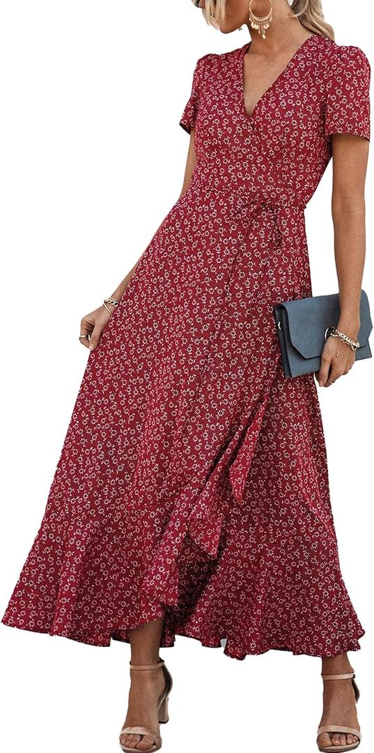 PRETTYGARDEN Women's Boho Floral Maxi Dress Summer Short Sleeve Wrap V Neck Long Flowy Beach Vacation Wedding Guest Dresses (Red, XL)