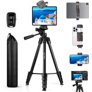 MACTREM iPhone iPad Tripod Stand, 67" Phone Tripod for iPad Tablet Camera with 2 in1 Holder Remote Carry Bag, Aluminum Extendable iPhone Stand for Video Recording/Selfies/Live Stream/Vlogging (Black)