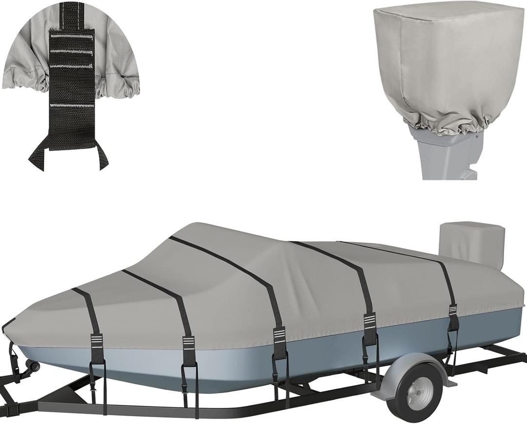 1200D Solution-Dyed Waterproof Boat Cover, Heavy Duty Trailerable Bass, Runabout, V-Hull, Tri-Hull Pro-Style Fishing Boat Cover with Motor Cover 14'-16'