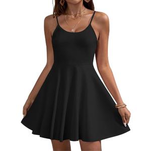 HOTOUCH Women's Summer Dress Adjustable Spaghetti Strap Floral Mini Casual Dress with Pockets Fit & Flare Beach Sundress (Black, S)