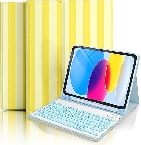 TopPerfekt with Bluetooth Keyboard for iPad 10th Generation 10.9'' (2022) Case, (A16) 11th / 10th Gen 11''(2025) with 7-Color Backlights, Striped Cute Style Chic Aesthetics with Pencil Holder- Yellow