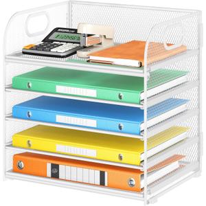 Lavatino 5 Tray Paper Organizer Letter Tray with Handle - Mesh Desk File Organizer, Paper Sorter Organizer for Office, Home or School File Folder Holder - White