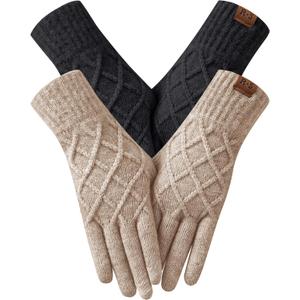 REACH STAR 2 Pairs Winter Gloves for Women Touch Screen Elastic Thermal Knit Lining Warm Gloves for Cold Weather, One Size (Black+Khaki)