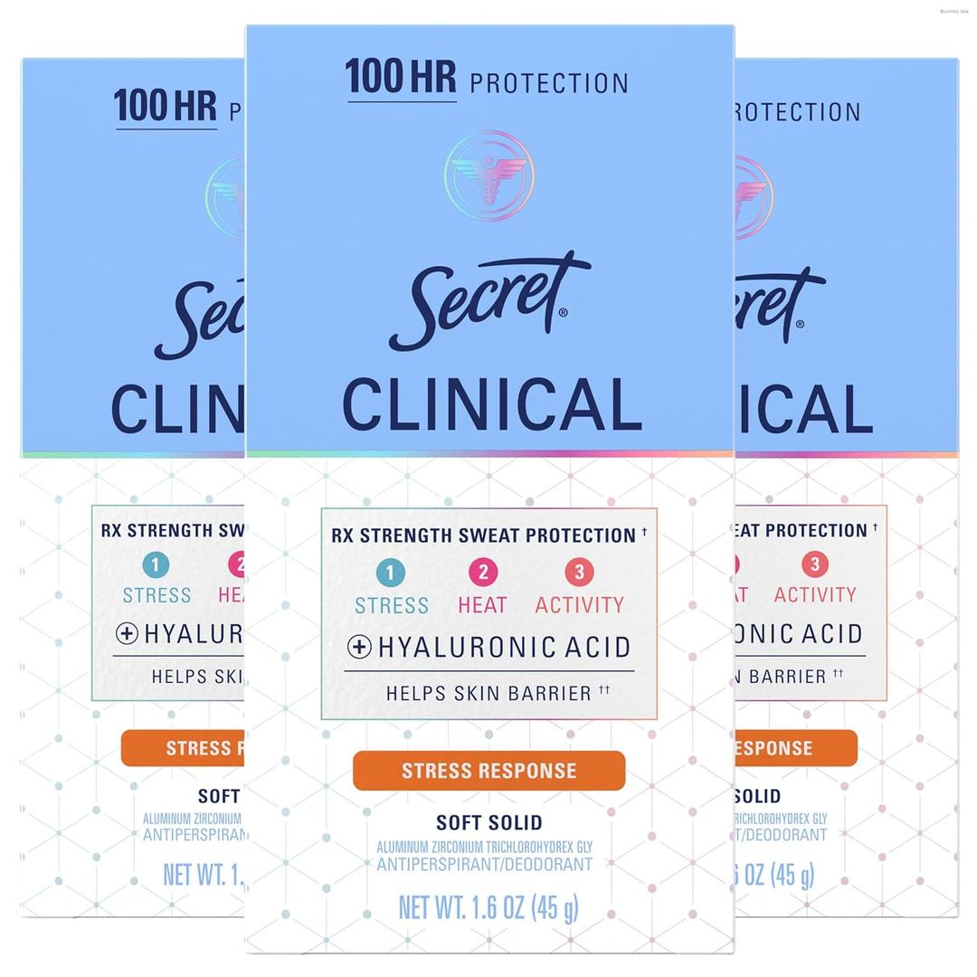 Secret Clinical Strength Antiperspirant Deodorant for Women, Stress Response, 3X Stress & 72hr Sweat & Odor Protection, PH Balancing Minerals, Soft Solid, 1.6 oz (Pack of 3)