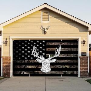 American Flag Hunting Garage Door Cover Banner Decorations, Western Country Deer Rustic Camo Outdoor Car Garage Door Murals Buddy Decorations Backdrops Party Wall Decor Extra Large 16 X 7 Ft (Black)