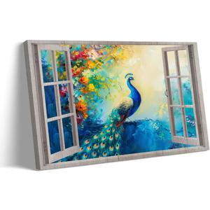 Lnzinro Peacock Wall Art Bird Poster Canvas Framed Animal Wall Decor Painting Artwork, Abstract Outside The Window Flowers Decor Prints for Home Hanging 08x12 inches (12L" x 8W")
