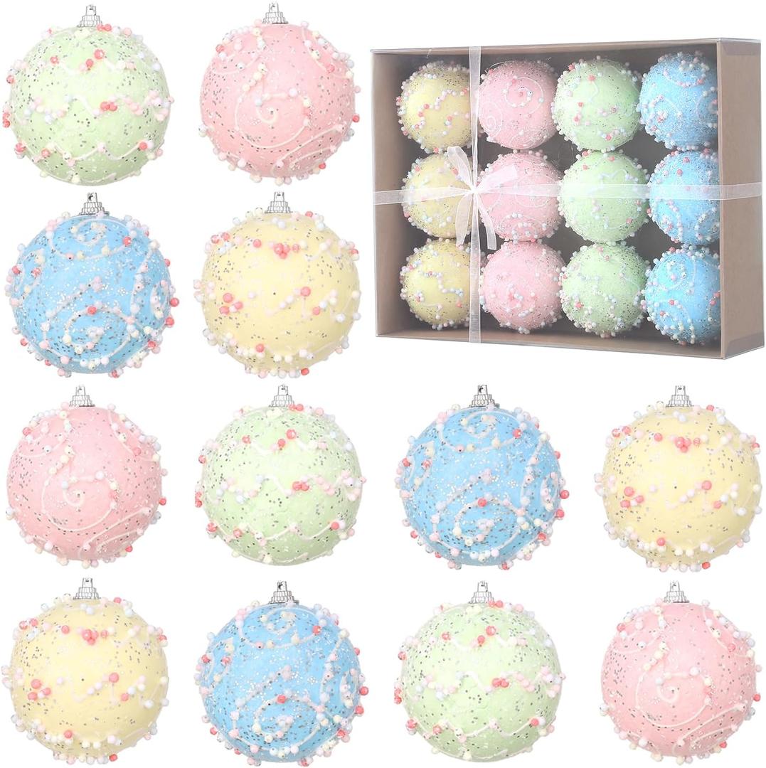 12 Pcs Pastel Color Shatterproof Glitter Foam Christmas Ornament Set - 3.15 Inch Decorative Hanging Balls for Sweet - Themed Xmas, New Year & Holiday Party, Home Christmas Tree Decor