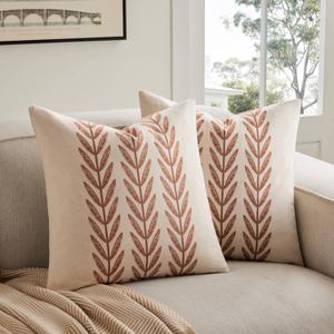 100% Cotton Farmhouse Leaves Throw Pillow Covers Set of 2, 18x18 Inch Terracota Pastoral Decorative Print Cushion Covers for Sofa Bed Living Room Home Decor