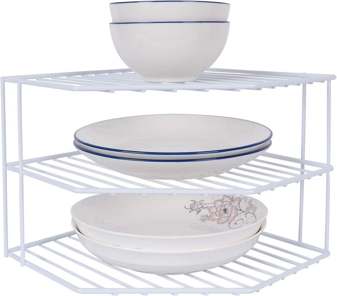 3-Tier Corner Shelf Counter and Cabinet Organizer - Steel Metal Wire - Rust Resistant - Plates, Dishes, Cabinet & Pantry Organizer - Kitchen Organization (10 x 7.5 Inch)(White)