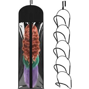 Blulu 5 Pcs Wig Hangers Rack for Multiple Wigs with Dust-proof Storage Bags, Hanging Storage Organizer for Hat with Anti-slip Grips Space Saving for Door Wall Closet Bathroom (Black)