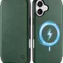 SHIELDON Wallet Case for iPhone 16 Plus, Genuine Leather Slim Folio RFID Blocking Card Slots Magnetic Case Supports Wireless Charging Compatible with iPhone 16 Plus 6.7" - Evergreen