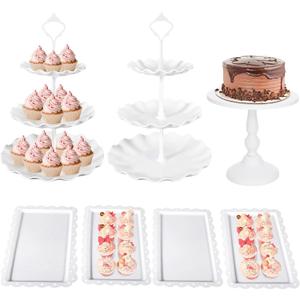 7 Pcs Dessert Table Stand Set 2 Pcs 3-Tier Plastic Cupcake Stands 1 Pc Metal White Cake Stand for Party Cookie Tray Rack Serving Tray Display Tower for Wedding Baby Shower