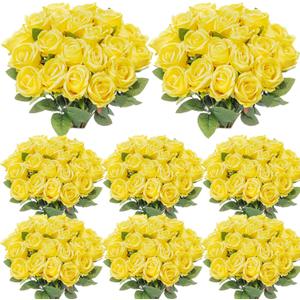 Hotop 80 Pcs Rose Artificial Flowers Bulk with Long Stem, Silk Roses Realistic Fake Flowers Bouquet for Wedding Table Centerpieces Bridal Shower Party Home Decorations (Yellow)