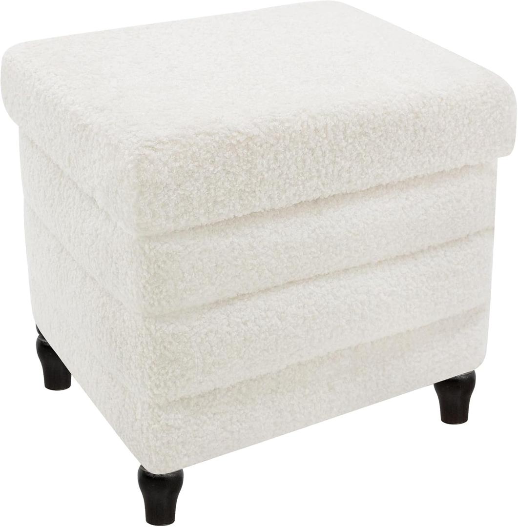 CAROLMADE Folding Storage Ottoman Cube Sherpa Footstool with Wood Legs Ottoman Footrest for Living Room and Bedroom, White 15"x12.6"x15.4" (Soft-whiite)