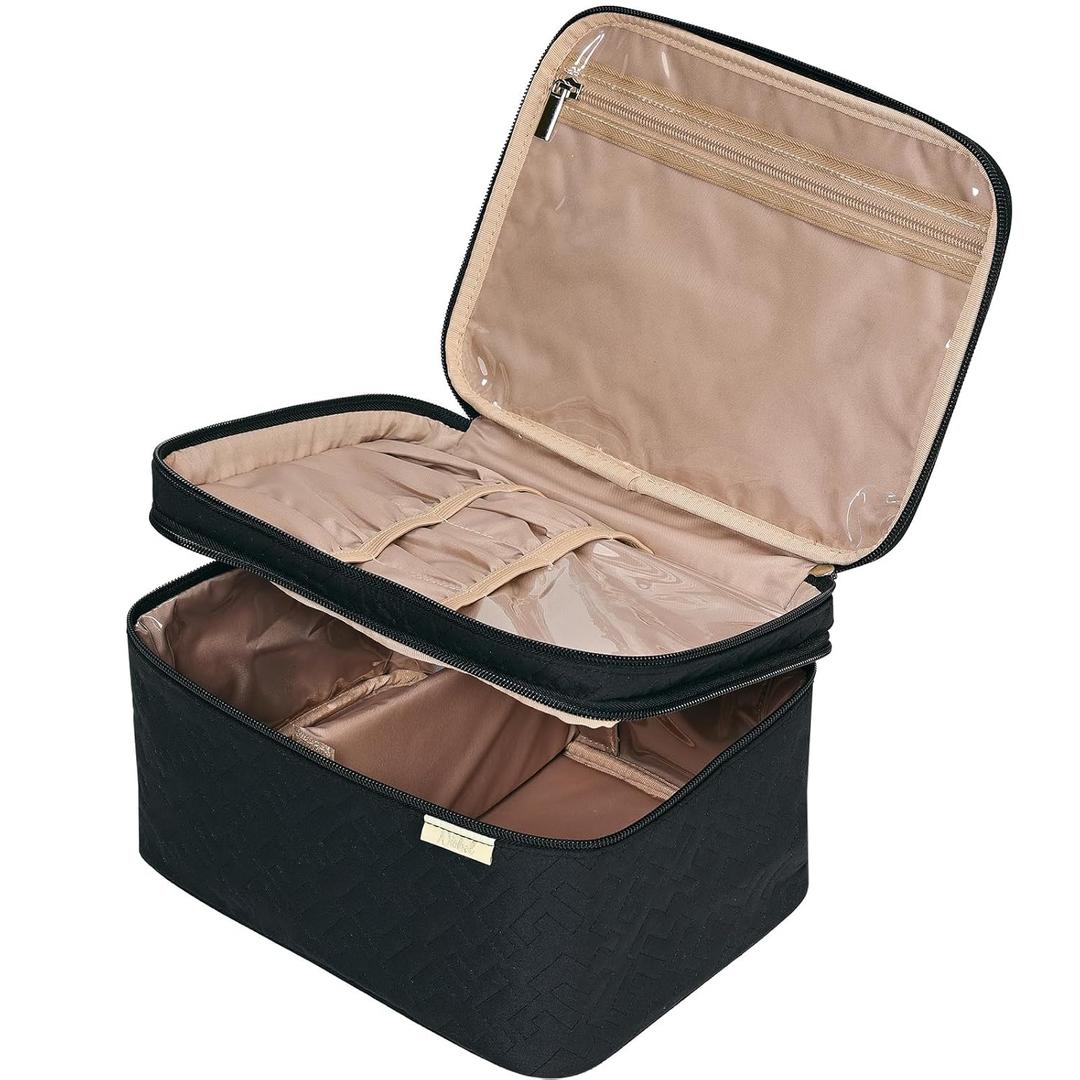 NISHEL Large Double Layer Travel Makeup Bag Women, Cosmetic Case, Organizer for Travel-Size Accessories Bottles, Brushes, Conditioner, and Skin Care Products, Black