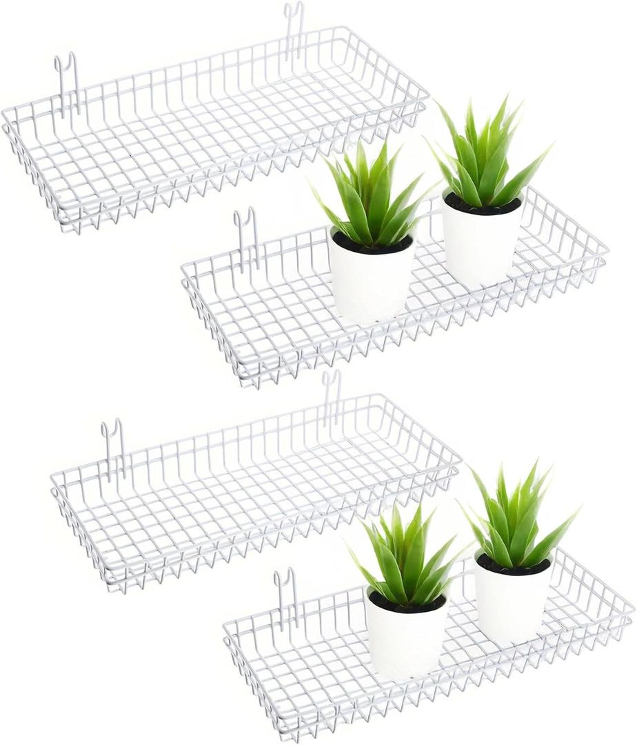 4 Pack 15.75 x 6 x 2.36 Inch Metal Grid Wall Baskets with Hooks, Hanging Wire Grid Basket, Multi-Function Wall Mounted Organizer for Kitchen Organizing Display, White
