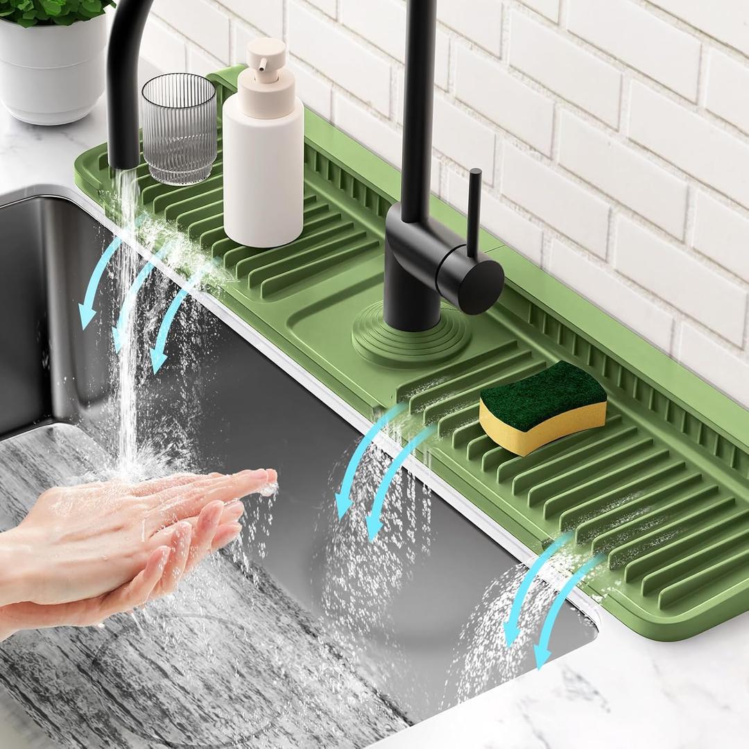 24'' Longer Faucet Mat for Kitchen Sink Splash Guard[7 Slope Fast Self-draining][Snap Lock Fit] Kitchen Sink Faucet Mat Splash Guard Kitchen Sink Area Water Splash Guard Behind Faucet Draining Mat