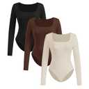 GORGLITTER Women's 3 Piece Sets Long Sleeve Bodysuit Square Neck Tummy Control Leotard Tops Black Brown Apricot Small