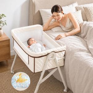 Baby Bassinet, Bassinet Bedside Sleeper for Baby, 3 in 1 Bedside Bassinet, Bassinets for Newborn with Wheels, Mattress, Waterproof Sheet, Mosquito Net, Breathable Mesh, Portable Baby Crib(Latte)