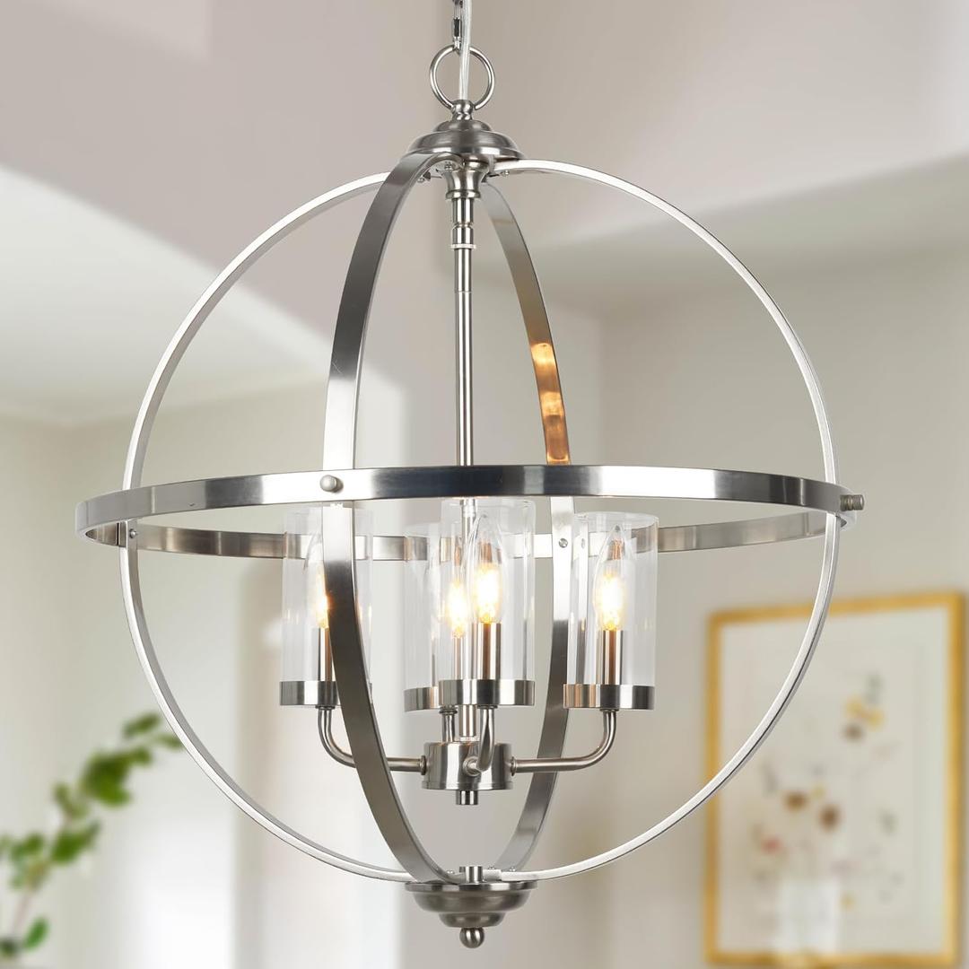 20'' Globe Chandelier Brushed Nickel Chandeliers, 4-Light Modern Orb Chandelier, Luxurious Hanging Light Fixture with Glass Shade, Pendant Light for Dining Room Entryway Living Room