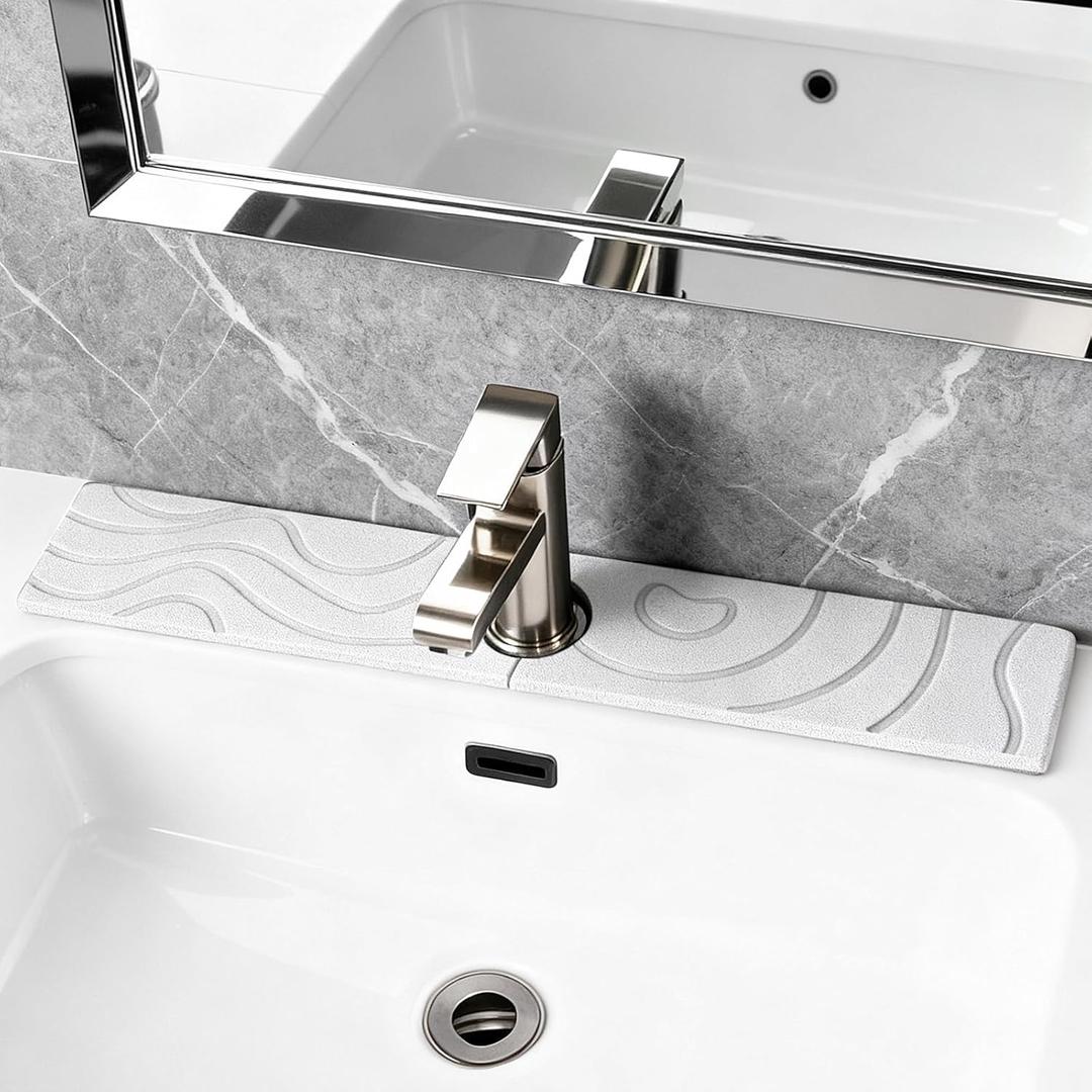 Stone faucet mat for kitchen sink,stone faucet mat for kitchen sink,stone drying matFaucet Washer and Soap Dish Set,Super Absorbent Diatomite Faucet Mat, Kitchen Sink Accessories in 3 Colors (17.7in*4in, White)