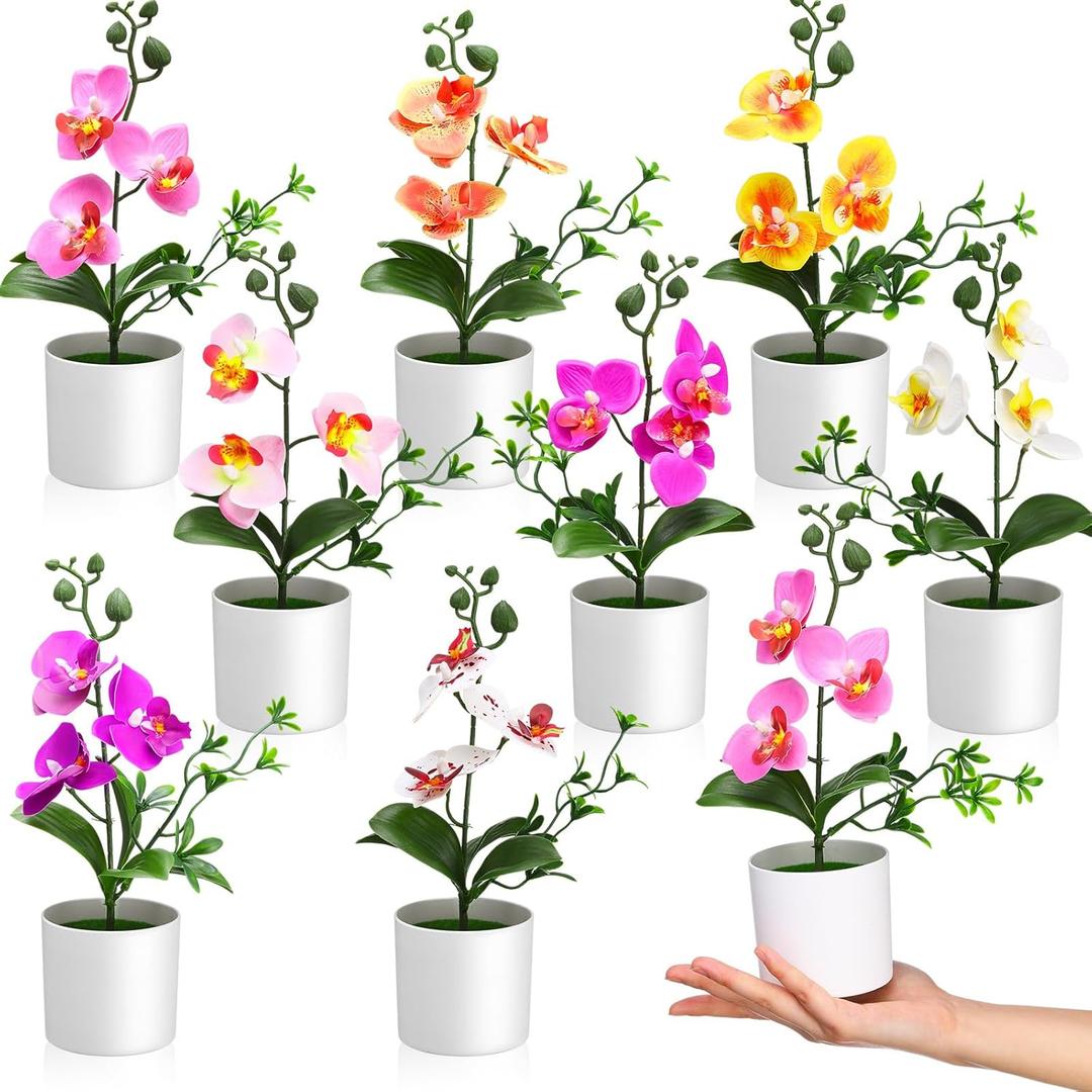 8 Pack Artificial Orchid Flowers Mini Potted Orchids Fake Orchids with Plastic Vase for Table Centerpiece Home Office Wedding Desktop Decoration (8 Colors)