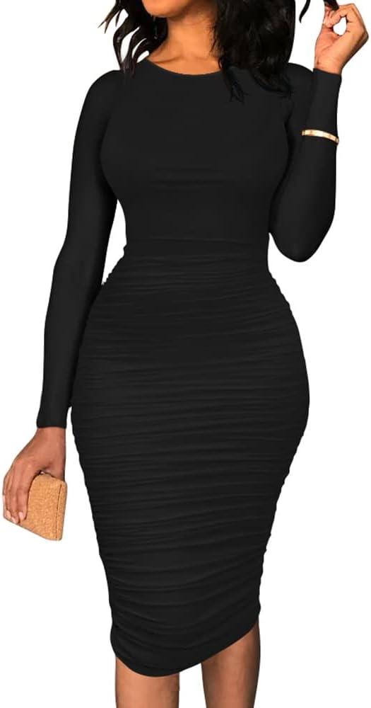 BEAGIMEG Women's Ruched Long Sleeve Elegant Bodycon Basic Casual Midi Dress (Large, Black)
