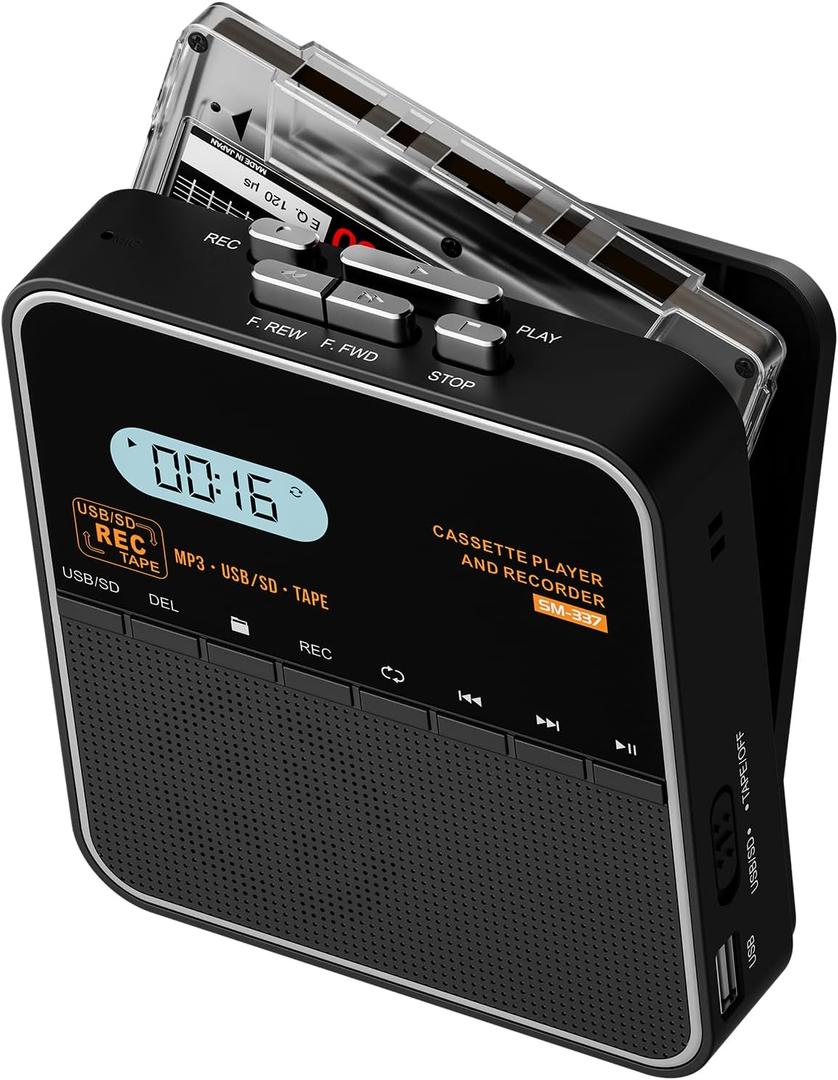 Cassette Tape Player Recorder, Cassette to MP3 Converter, Record to Cassettes/USB/SD Card, LCD Display, Power by USB C or AA Battery, Built-in Speaker, Headphone Jack and Mic