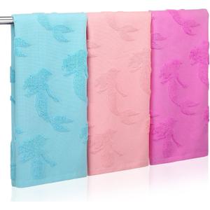 3 Pcs Watercolor Mermaid Hand Towels Cotton Absorbent Jacquard Weave Mermaid Kitchen Towel 3D Seasonal Decorative Washcloth for Home Drying Cleaning Cooking Gift, 14" x 29" (Blue, Pink, Purple)