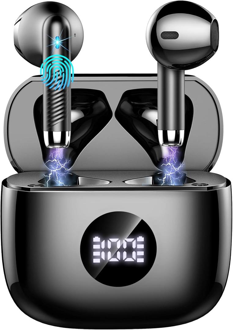 Wireless Bluetooth 5.4 Earbuds, Ear Buds LED Power Display Headphones 6D Stereo, Bluetooth Earbuds in-Ear Noise Cancelling Mic, 40H Playback Mini Case IP7 Waterproof Sports Earphones for Android iOS (Carbon Black)