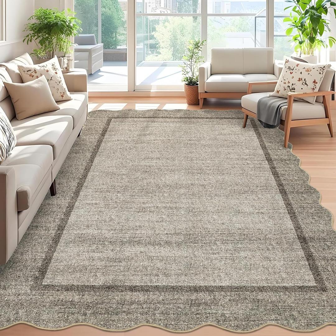 GarveeHome Scalloped Washable Rug 6x9 Rugs for Living Room Modern Brown Nursery Rug Large Area Rug for Bedroom Non Slip Throw Rugs Soft Low Pile Stain Resistant Carpet for Classroom 6 ft x9 ft Brown