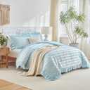 Flysheep Tufted Dots Ruffle Comforter Set King Size, 3 Pieces Blue Vintage Farmhouse Shabby Chic Comforters, Jacquard Boho Bohemian Bedding Set for All Season (1 Ruffled Comforter+ 2 Pillow Shams)