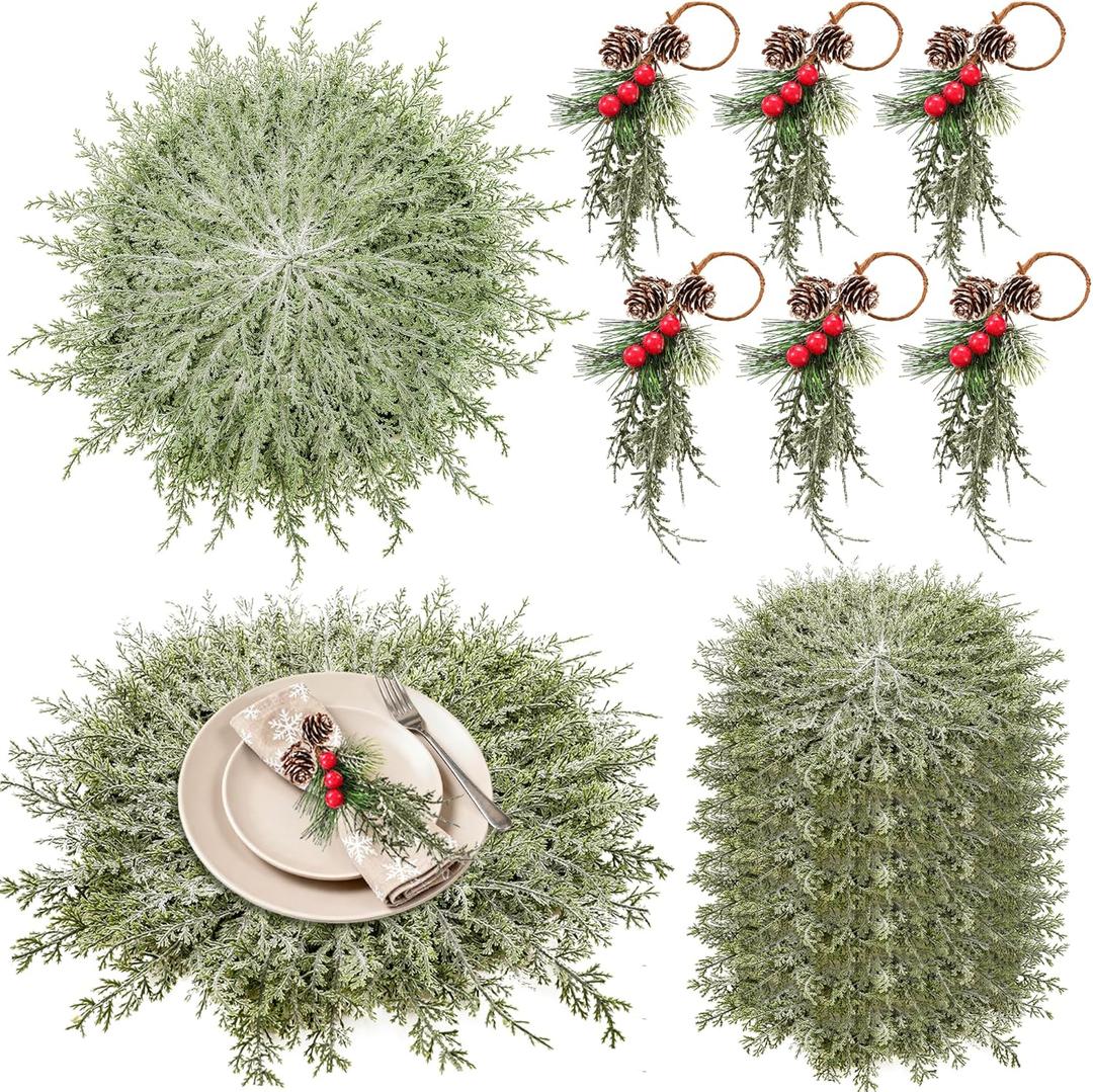 6 Set Christmas Table Placement Including Napkin Ring, 20 Inch Large Artificial Greenery Placemats, Round Cedar Branch Place Mat Christmas Dining Table Decor for Xmas Holiday Party(Powder Snow) (Circle)