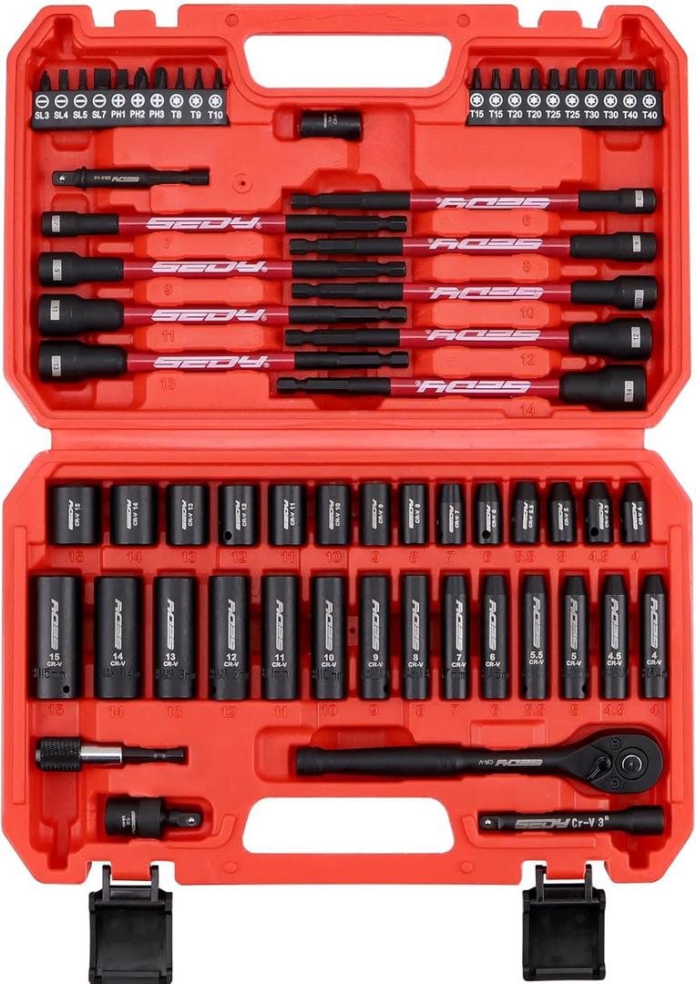 63-Piece Metric 1/4" Drive Socket Set & Nut Driver Set, Impact Standard & Deep Socket Set (4-15mm), 1/4" Hex Shank 6" Magnetic Nut Drivers, Extension Bar, Quick-Release Ratchet handle, Universal Joint