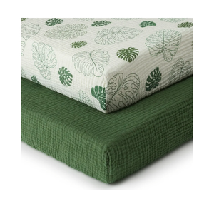 Blissful Diary Muslin Crib Sheets for Girl Boy, Boho Neutral Soft Cotton Baby Sheet for 52''x28'' Standard Crib Mattress, 2 Pack(Monstera&Dark Green)