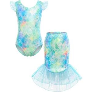 JiAmy Girls Mermaid Swimsuit 2 Piece Tankini Set Ruffle Sparkle Scale Bathing Suit with Mesh Tail Skirt 3-4T