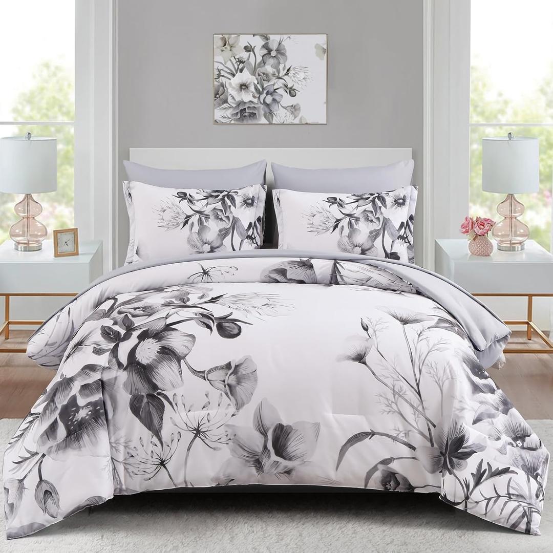 Floral Comforter Set King Size 7 Piece, Black Flower Bed in a Bag, Elegant Ink Comforter Bedding Set for All Season (Ink, 104"x90")
