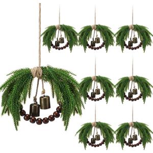 Dingion 8 Pcs Mini Christmas Wreath 8.6 Inch Small Norfolk Wreaths for Kitchen Cabinets Vintage Mini Wreath with Wood Bead Bell Rustic for Xmas Front Door Window Chair Farmhouse Decor