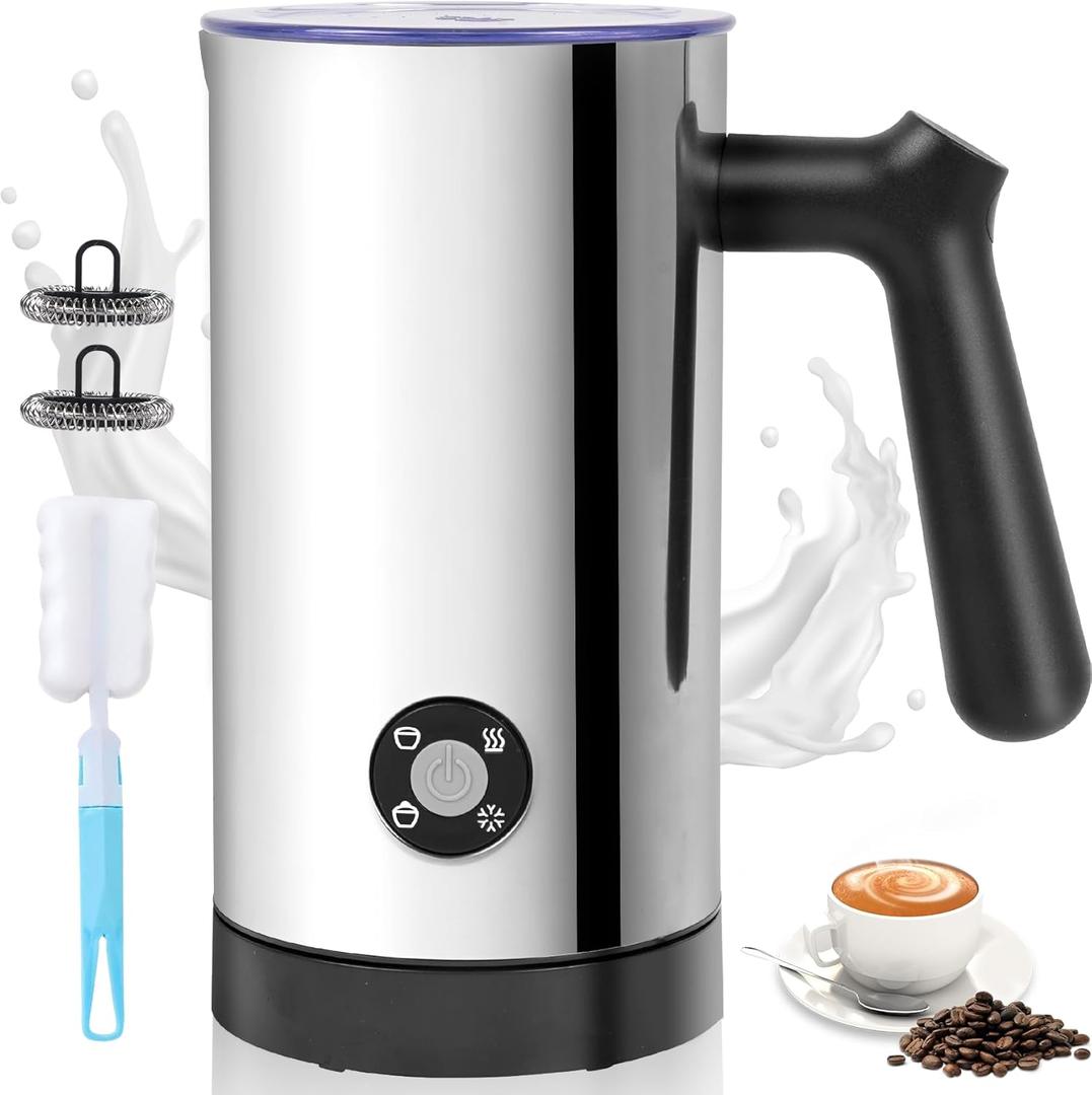 Milk Frother, 4-in-1 Milk Frother and Steamer, 10.6oz Electric Milk Steamer, Automatic Cold and Hot Foam maker for Lattes, Cappuccinos, Ceramic Lining Interior (Polished)