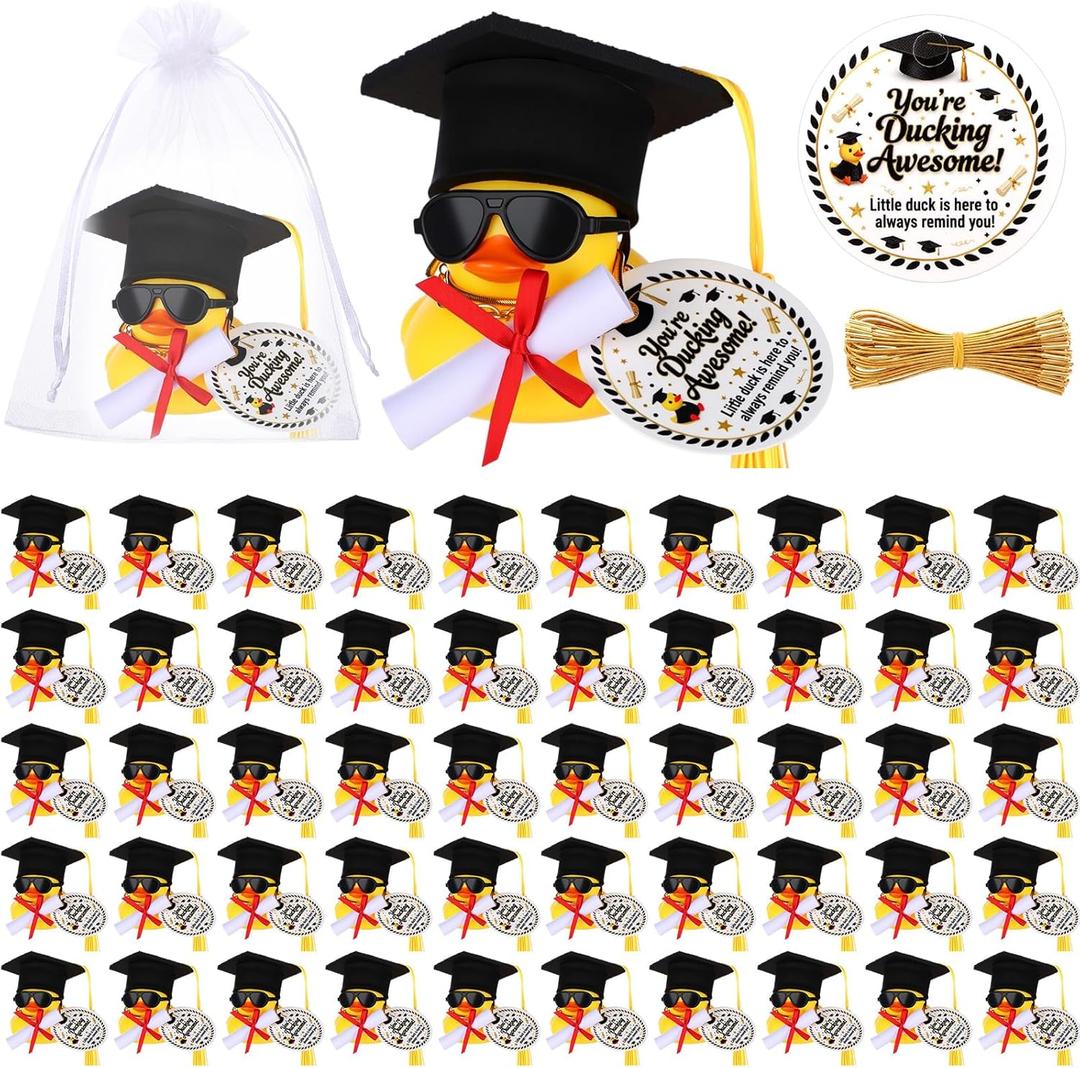 50 Set Graduation Ducks Gift Bulk Class of 2026 Rubber Duck Car Dashboard Decor with Mini Graduate Hat Necklace Sunglasses Certificate Keepsakes for Graduation Party
