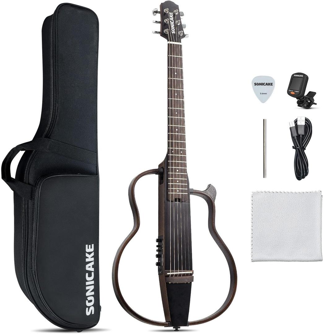 SONICAKE Acoustic Electric Travel Guitar, Portable Practice Guitar Kit, Solid Mahogany Body, Easy Assemble Frames, Multi Body-Shape Sim Rechargeable Preamp, Gig Bag, All Accessories QGT-01